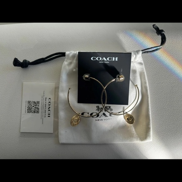 NWT Coach Two-Tone Signature Coin Charm Hoop Earrings - Picture 2 of 9